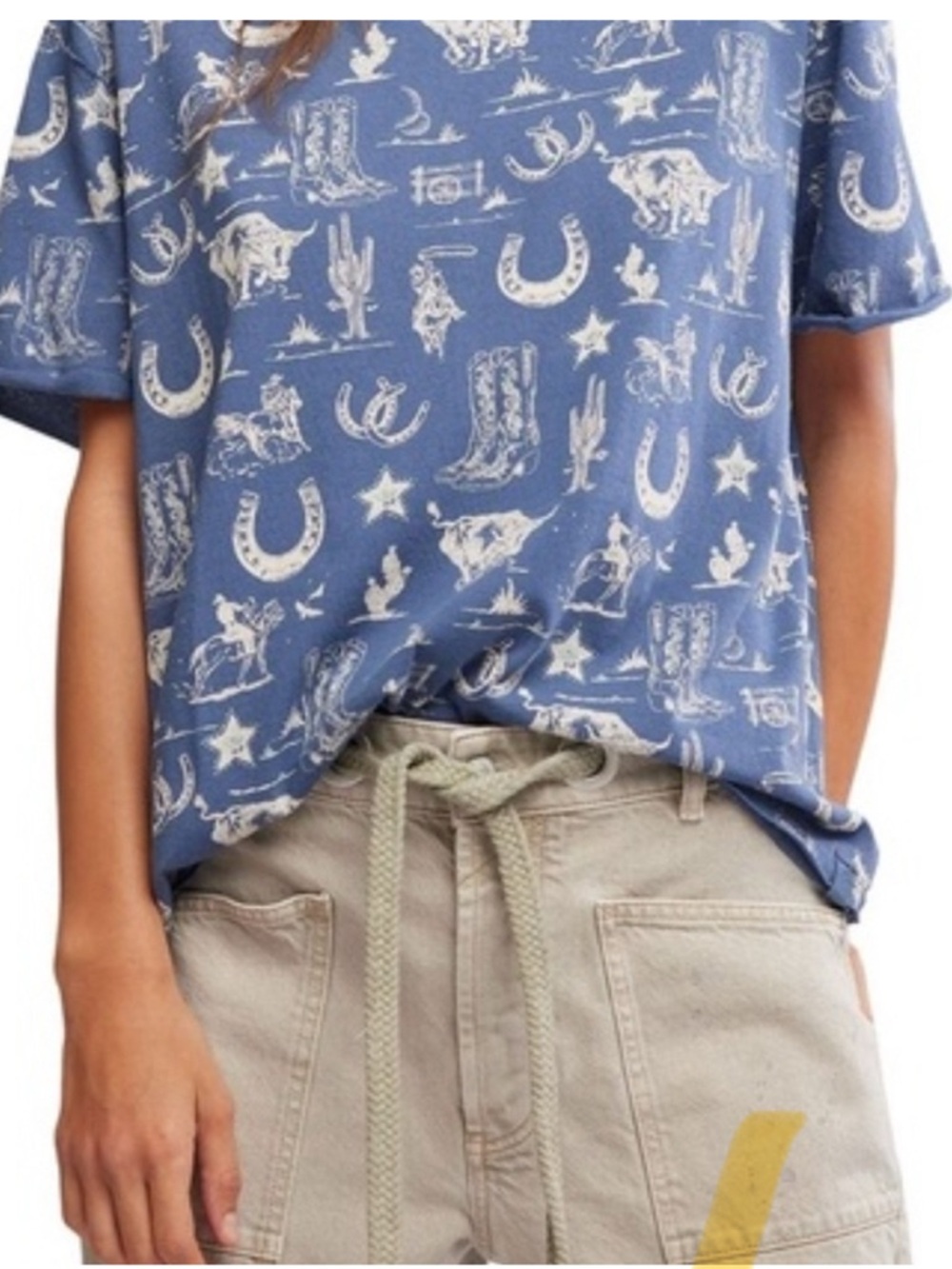 free people we the free Blue Western Print Short Sleeve Women's Top oversized